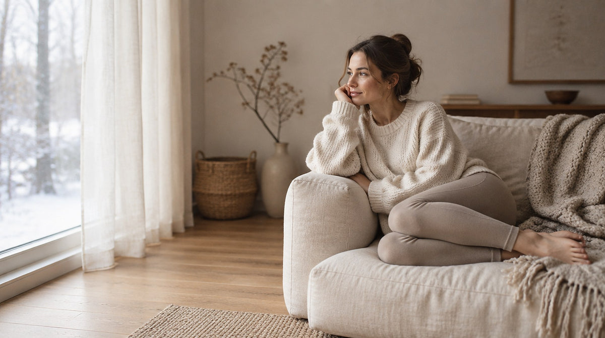 Interieur chaleureux en hiver, femme en legging polaire Calyne assise pres de la fenetre